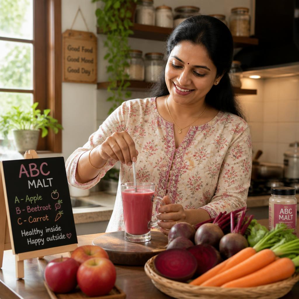 Meenatchi preparing fresh ABC malt in her kitchen